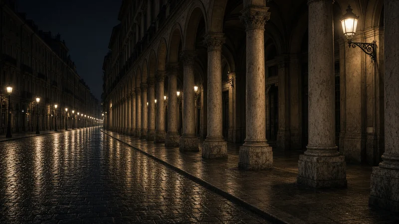 Facciata di un palazzo a Torino di notte, con un'auto della polizia lontana e nessuna persona riconoscibile.