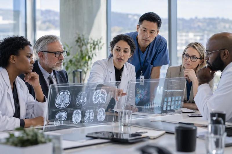 Illustrazione editoriale generata con IA di un comitato multidisciplinare che valuta applicazioni dell’intelligenza artificiale nella ricerca sanitaria; non è una fotografia documentaria.