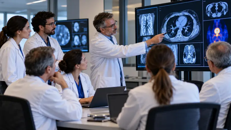 Illustrazione editoriale IA di un’équipe oncologica multidisciplinare durante una formazione su immagini radiologiche anonime.