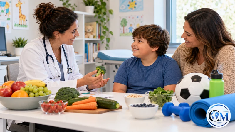 Illustrazione editoriale IA ultrarealistica di un colloquio pediatrico rispettoso su alimentazione e attività fisica; scena non documentaria.