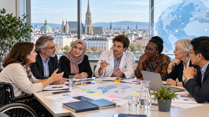 Illustrazione editoriale IA di cittadini e professionisti riuniti in un laboratorio partecipativo sulla sanità a Vienna; scena non documentaria.