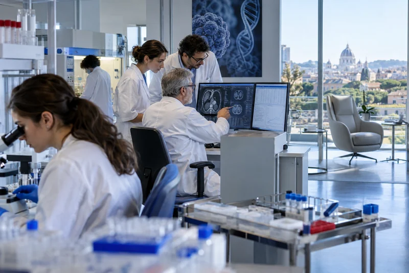 Scena editoriale contestuale ordinaria generata con IA di ricercatori oncologici italiani che esaminano dati clinici anonimi