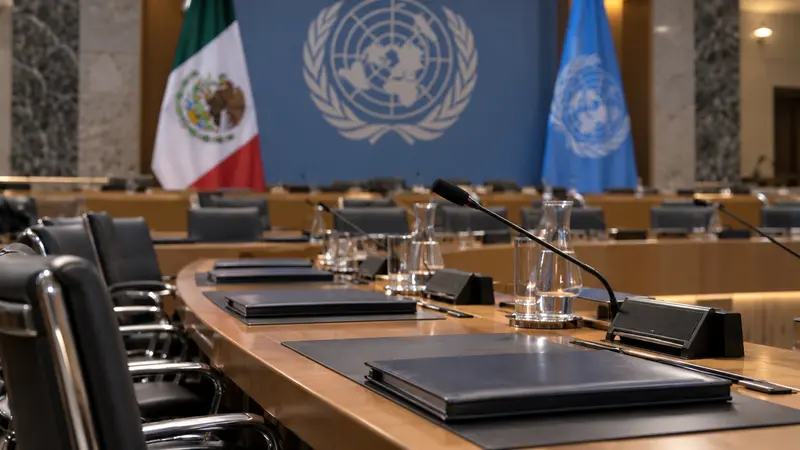 Sala di audizione internazionale vuota con bandiere del Messico e delle Nazioni Unite
