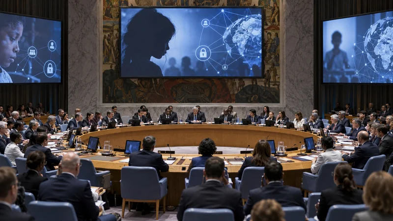 Illustrazione editoriale IA di una riunione del Consiglio di Sicurezza ONU dedicata alla protezione digitale dei minori nei conflitti.