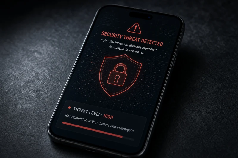 Smartphone con avviso di sicurezza informatica; illustrazione editoriale IA non documentaria.