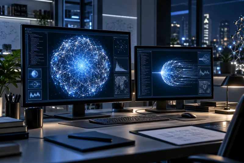 Due sistemi di intelligenza artificiale visualizzati su monitor in un laboratorio digitale, illustrazione editoriale non documentaria