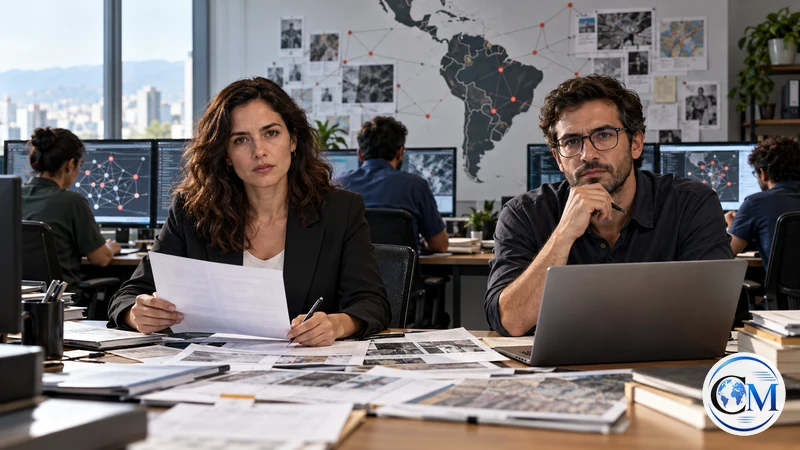 Illustrazione editoriale IA ultrarealistica di analisti che verificano notizie online, con mappa dell'America Latina; scena non documentaria.