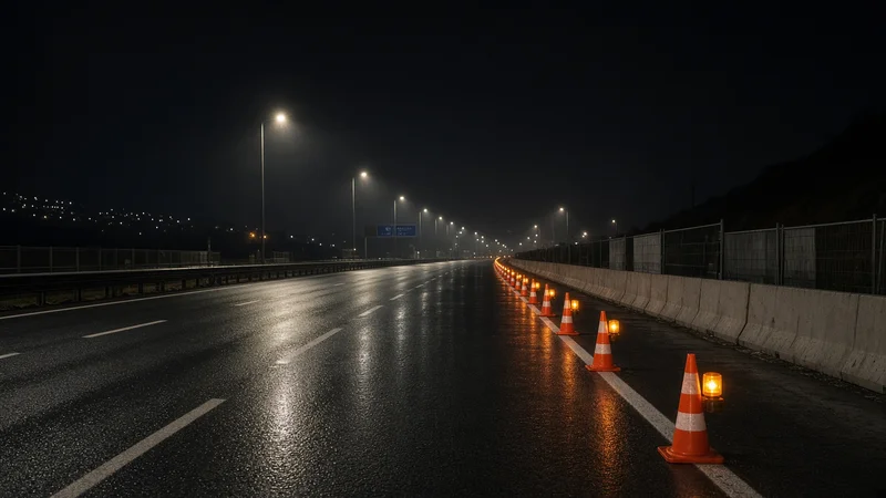 Cantiere autostradale di notte con coni e luci, senza veicoli incidentati; illustrazione editoriale IA non documentaria.