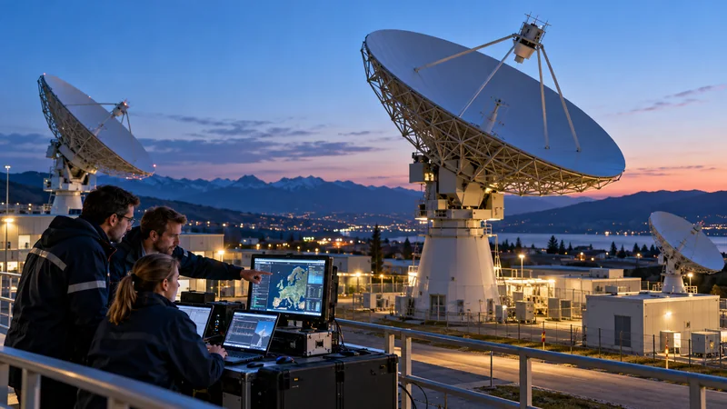 Illustrazione editoriale IA di una stazione satellitare europea collegata a una rete mobile.