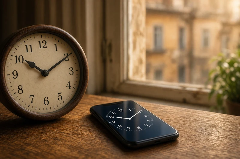 Illustrazione editoriale IA di orologio e smartphone, tema cambio ora; scena non documentaria.