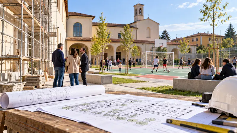 Illustrazione editoriale IA di un campo sportivo di oratorio e di un edificio parrocchiale; scena non documentaria.