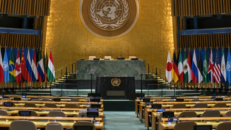 Illustrazione editoriale IA dell'Assemblea generale ONU predisposta per la selezione del prossimo segretario generale; scena simbolica non documentaria.