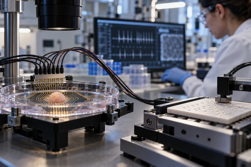 Organoide neurale in laboratorio accanto a un sensore tattile; illustrazione editoriale IA, non fotografia scientifica.