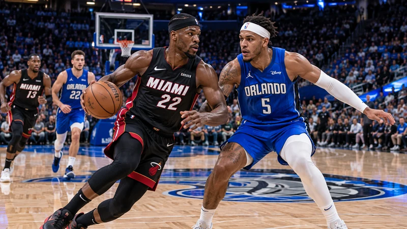 Illustrazione editoriale IA di un’azione tra giocatori con divise di Miami e Orlando su un parquet NBA, non fotografia della gara.