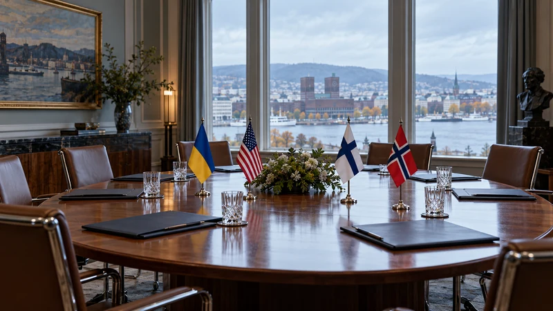 Sala diplomatica vuota a Oslo con bandiere di Ucraina, Stati Uniti, Finlandia e Norvegia; illustrazione editoriale IA simbolica.