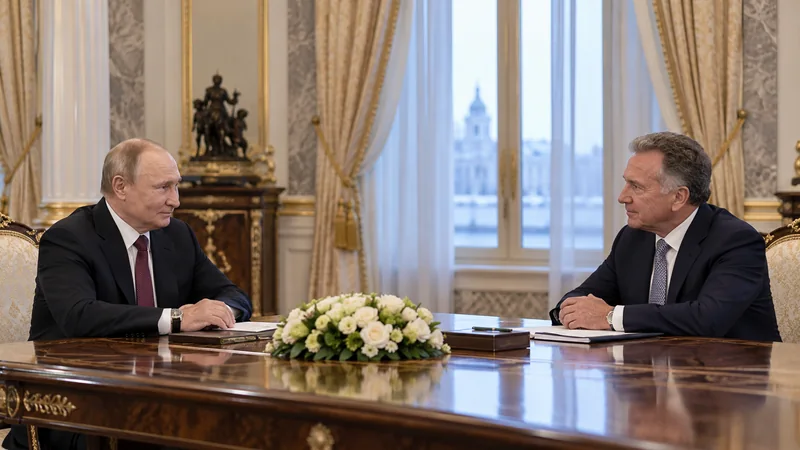 Illustrazione editoriale IA con Vladimir Putin e Steve Witkoff in un incontro diplomatico neutrale; scena non documentaria.