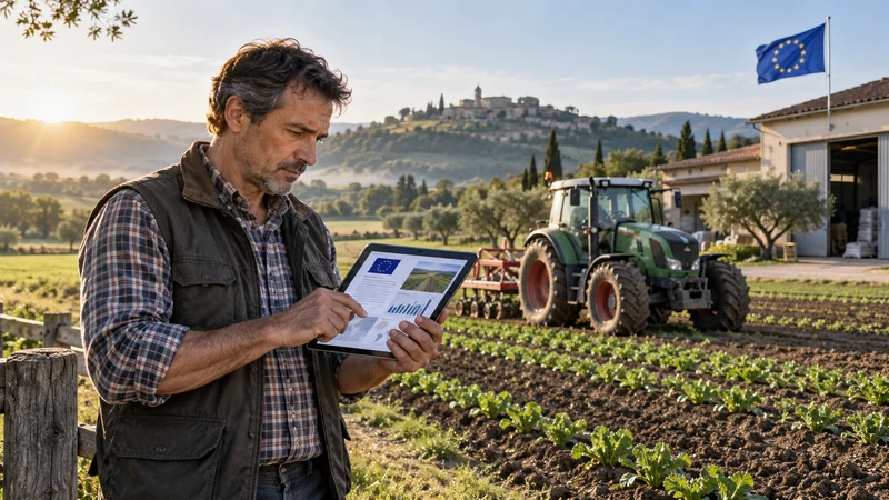 Illustrazione editoriale IA di un’agricoltrice in un campo europeo con bandiere dell’Unione sullo sfondo; scena non documentaria.
