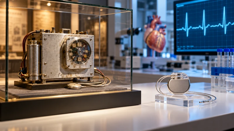 Illustrazione editoriale IA del prototipo ESCORT del 1966 accanto a un pacemaker moderno; scena non documentaria.