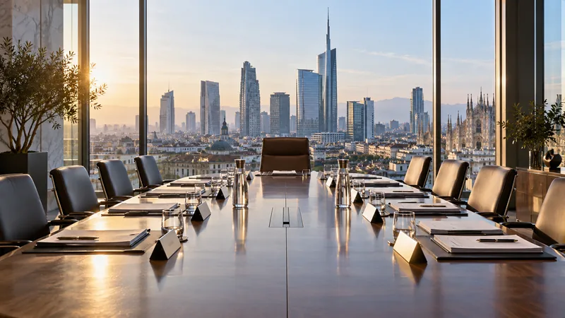 Sala di consiglio bancaria con una sedia vuota e skyline di Milano, illustrazione editoriale IA