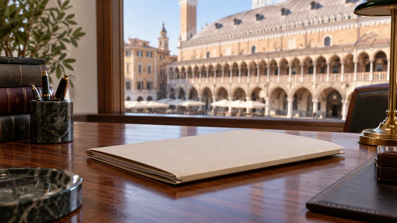 Illustrazione IA di una cartella chiusa in un ufficio con Padova sullo sfondo; non raffigura la sede dell'organismo né documenti dell'esposto.
