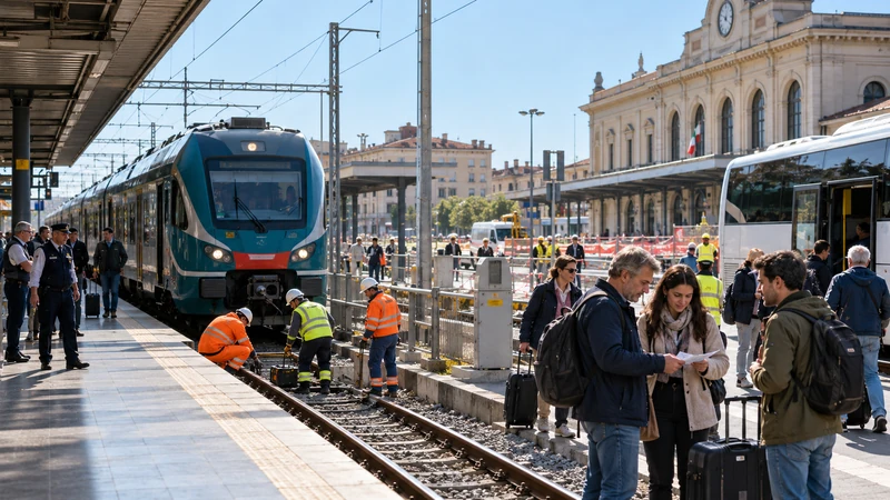 Illustrazione editoriale IA ultrarealistica della stazione di Padova con treno fermo, tecnici e bus sostitutivo; scena non documentaria.