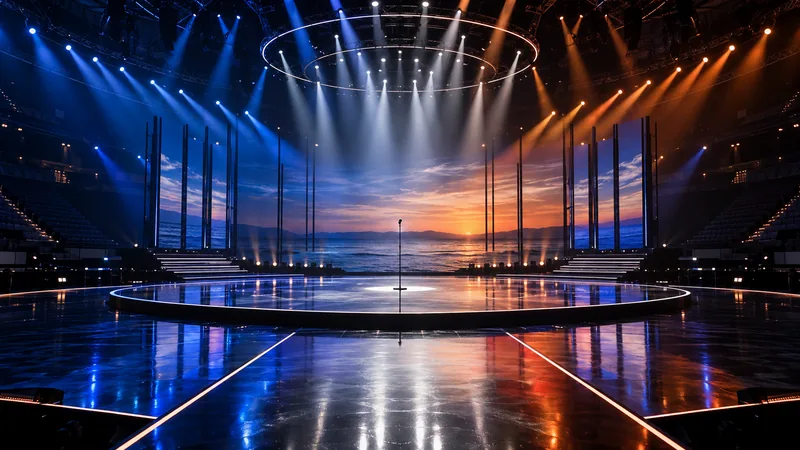 Palco televisivo musicale vuoto con luci arancioni e una postazione senza cantante, illustrazione editoriale IA