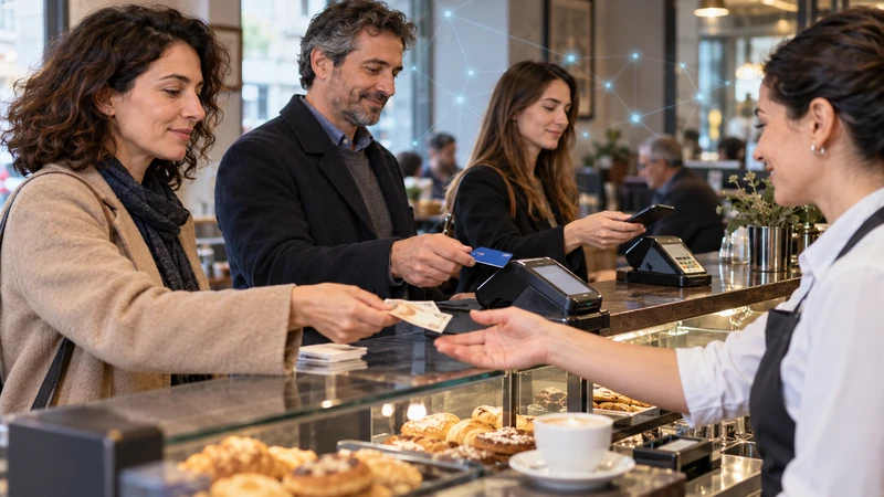 Illustrazione editoriale IA di consumatori che pagano con contante, carta e smartphone in un locale italiano; scena non documentaria.