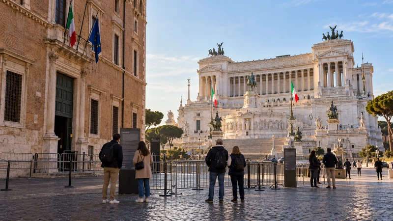 Illustrazione editoriale IA ultrarealistica di Palazzo Venezia e del Vittoriano durante la chiusura temporanea; scena non documentaria.