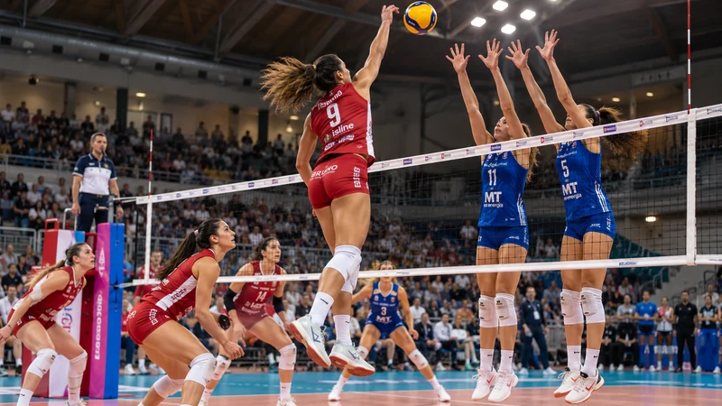 Illustrazione editoriale IA di una partita femminile di pallavolo in un palazzetto italiano.
