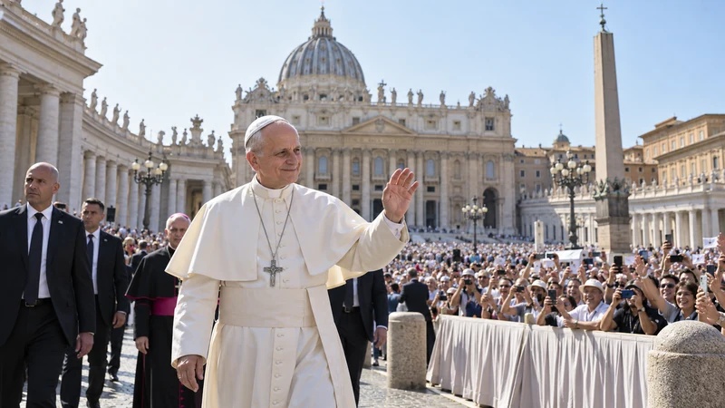 Illustrazione editoriale IA di Papa Leone XIV durante un’udienza pubblica in piazza San Pietro.
