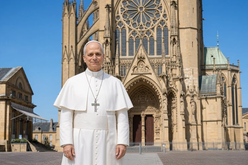 Papa Leone XIV in abiti bianchi davanti alla cattedrale gotica di Metz; illustrazione editoriale IA non documentaria.