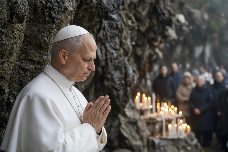Papa Leone XIV in preghiera alla grotta di Massabielle a Lourdes; illustrazione editoriale IA non documentaria.