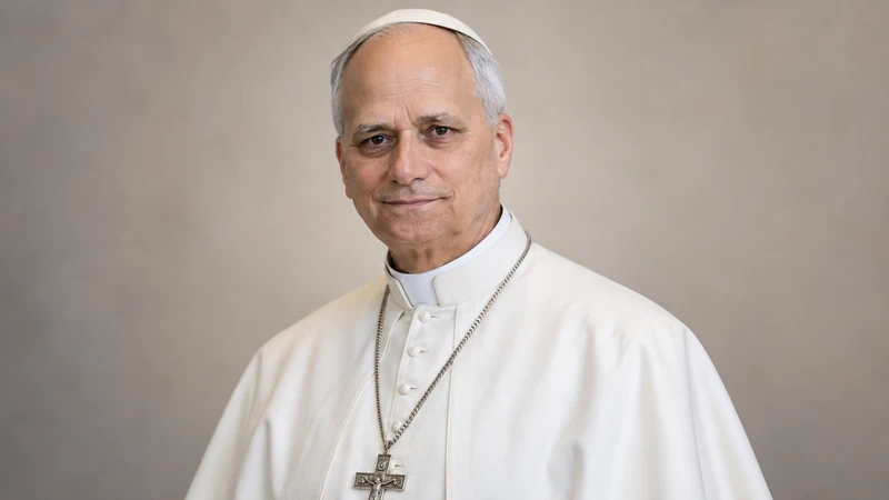 Ritratto editoriale neutrale e isolato con somiglianza sintetica IA di Papa Leone XIV; non documenta il ricovero né una condizione clinica.