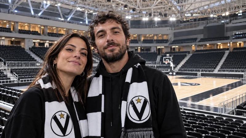 Illustrazione editoriale IA di sostenitori bolognesi nell’adidas Arena di Parigi; non raffigura la partita.