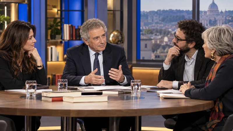 Illustrazione editoriale IA con somiglianza sintetica di Roberto Inciocchi durante una conversazione televisiva, non tratta dal programma.