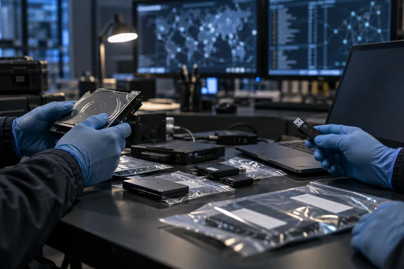 Scena editoriale fotorealistica generata con IA: mani guantate esaminano dispositivi di memoria in un laboratorio informatico; nessuna persona identificabile e nessun contenuto illecito visibile.