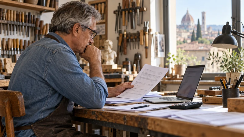Artigiano pensionato consulta documenti previdenziali in laboratorio, illustrazione editoriale generata con IA