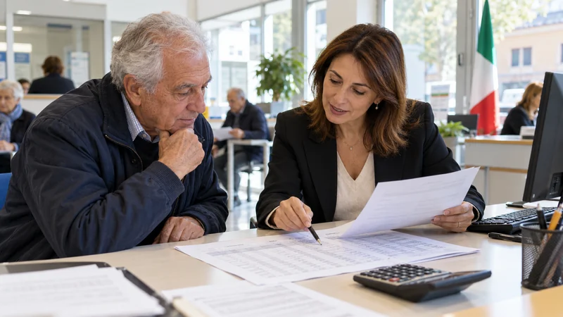 Un lavoratore prossimo alla pensione esamina i calcoli con una consulente
