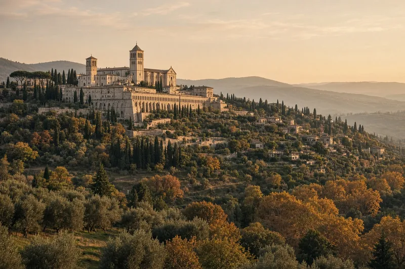 Basilica di San Francesco ad Assisi al tramonto; illustrazione editoriale IA non documentaria.