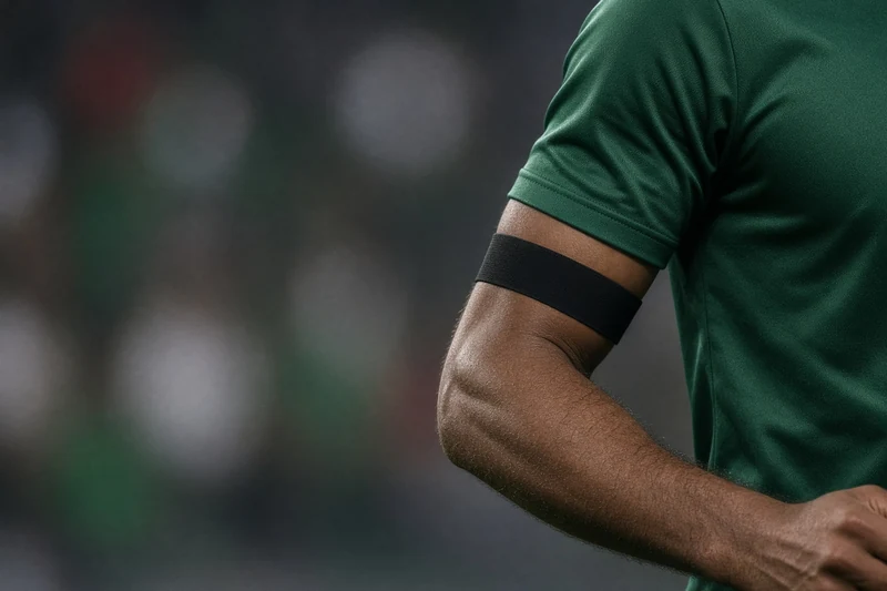 Braccio di calciatore con fascia nera su maglia verde; illustrazione editoriale IA non documentaria.
