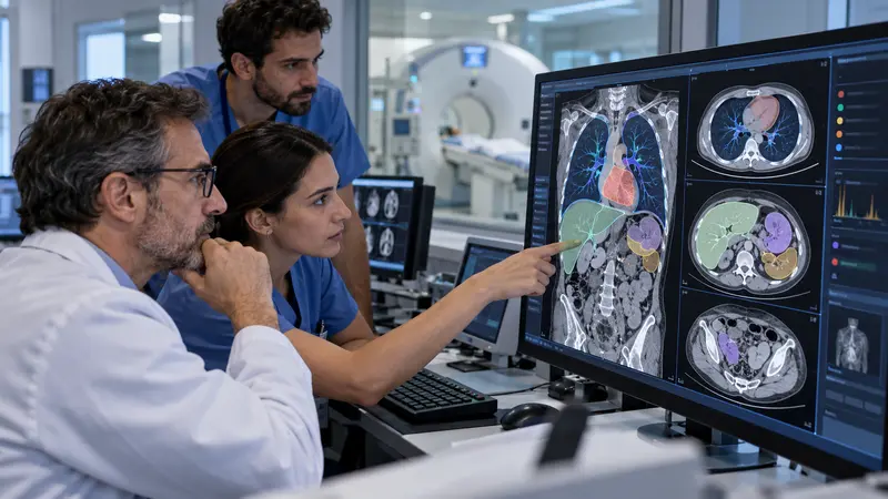 Illustrazione editoriale IA di radiologi che analizzano una TAC con un supporto di intelligenza artificiale.