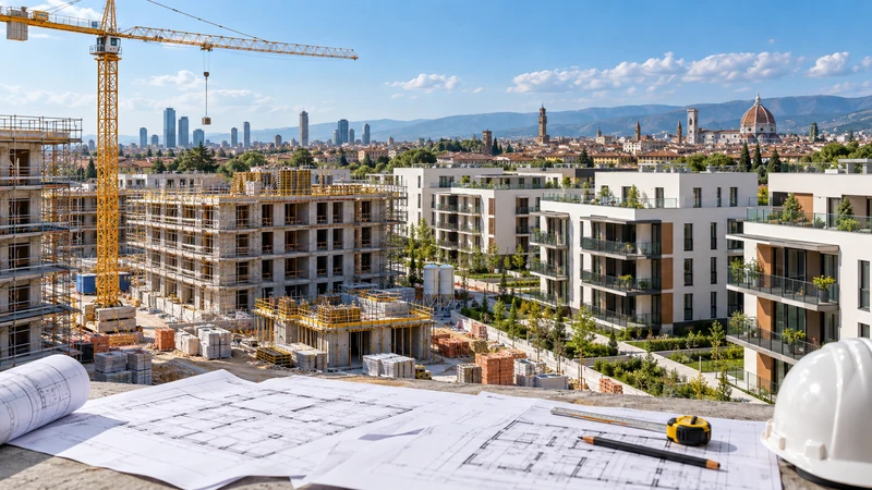 Illustrazione editoriale IA ultrarealistica di nuove abitazioni e un cantiere ordinato a Firenze; scena non documentaria.