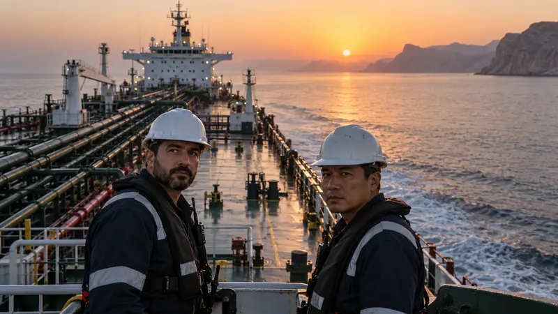 Petroliera in navigazione nelle acque del Golfo dell'Oman con due ufficiali sul ponte