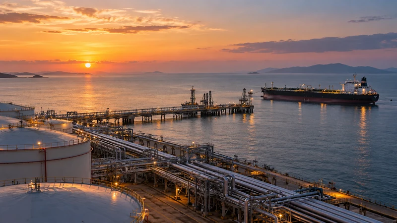 Terminal petrolifero costiero con una petroliera al largo nelle prime ore del giorno
