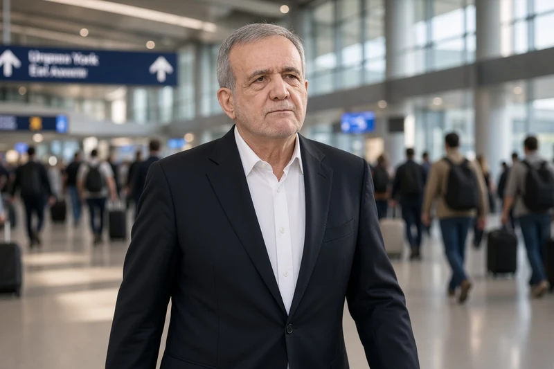 Scena editoriale contestuale ordinaria generata con IA: Masoud Pezeshkian, presidente iraniano, in un aeroporto; non è una fotografia documentaria.