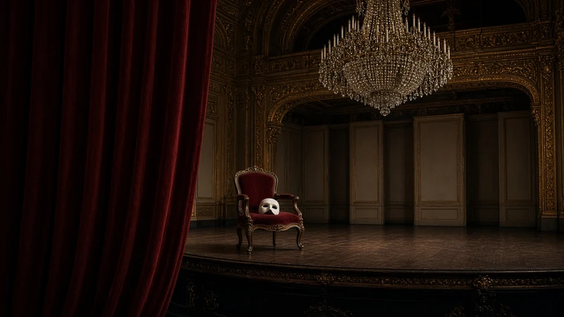Illustrazione editoriale di un teatro musicale con sipario e maschera scenica non identificabile.