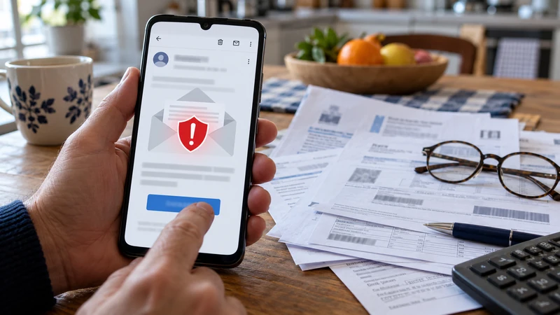 Smartphone con messaggio sospetto e simbolo di allerta accanto a documenti fiscali, illustrazione editoriale generata con IA