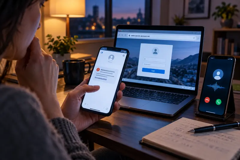 Persona che verifica un messaggio sospetto mentre un portatile mostra una pagina di accesso contraffatta e un secondo telefono riceve una chiamata
