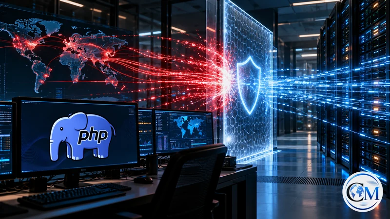 Illustrazione editoriale IA di traffico ostile fermato davanti a server PHP; non mostra un attacco reale.