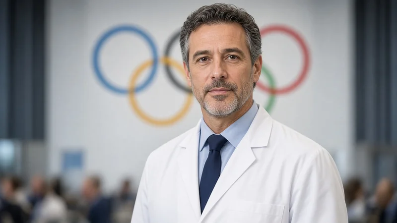Un medico e un atleta di spalle al posto medico a bordo pista.